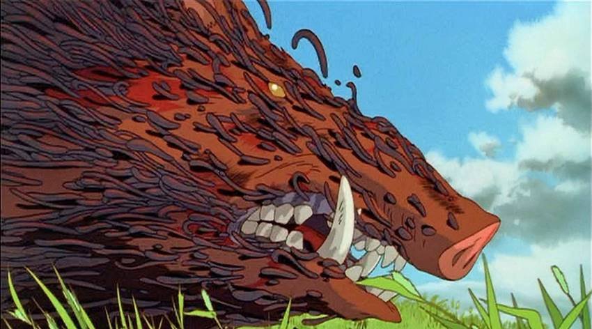 El jabalí que maldice a Ashitaka en La Princesa Mononoke.